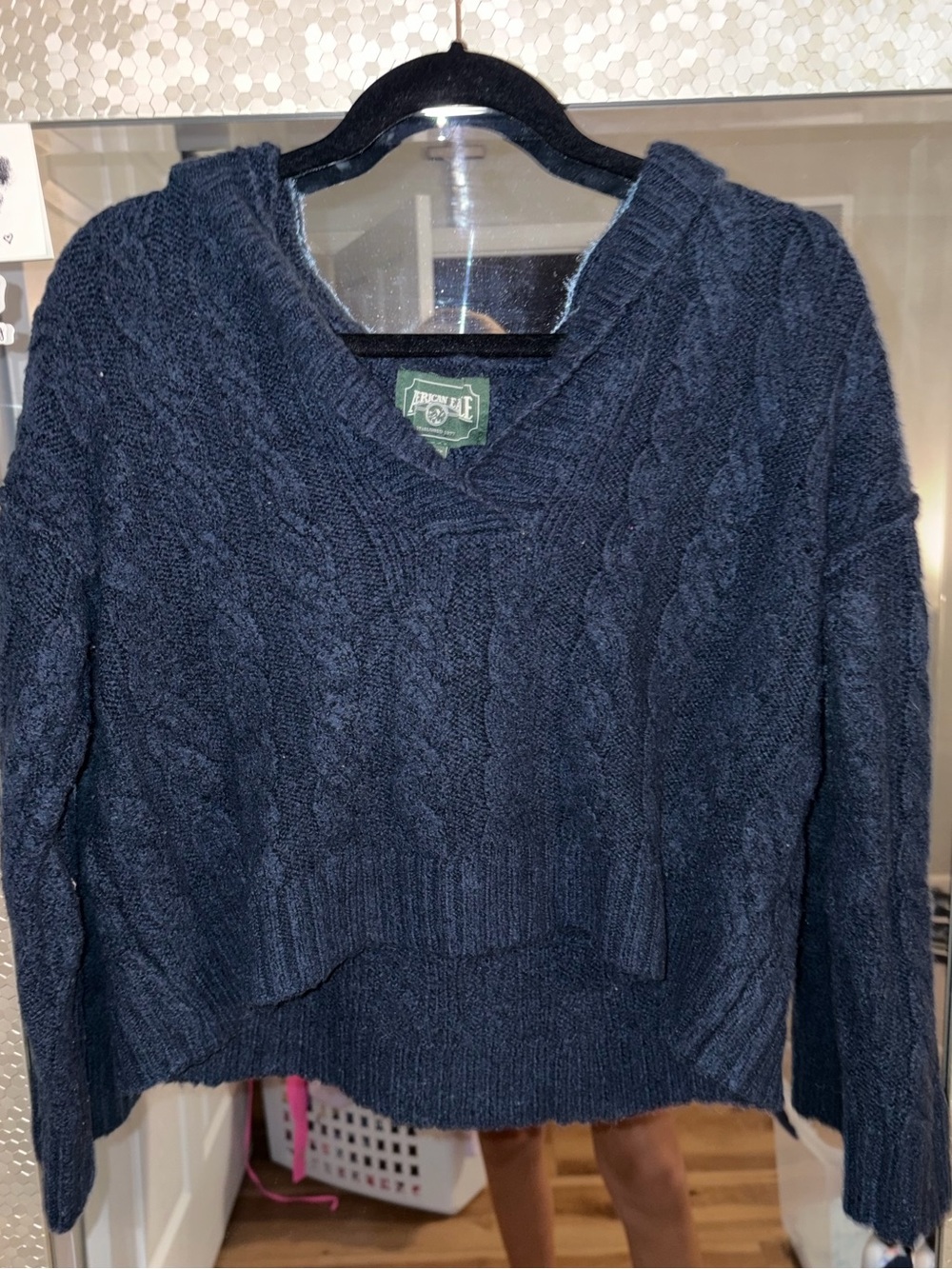 American Eagle Outfitters Navy Cable-Knit V-Neck Sweater